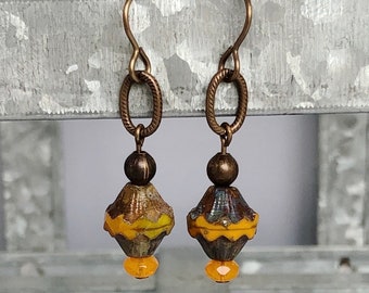 orange. boho. Czech glass bead jewelry. natural brass ooak handmade dangle earrings by CURRICULUM