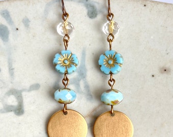 blue. flower. long. Czech glass bead jewelry. natural brass ooak handmade dangle earrings by CURRICULUM