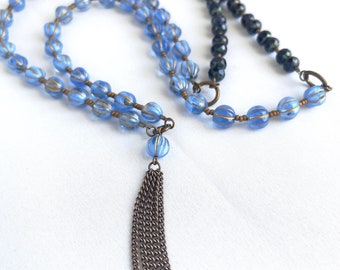 blue. long. tassel. Czech glass bead jewelry. natural brass ooak handmade necklace by CURRICULUM