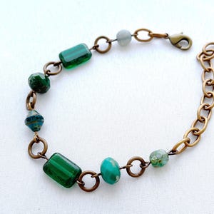 Czech Glass Bead Bracelet: Handmade Green Teal Brass Jewelry