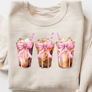 Retro Comfort Coquette Bow Sweatshirt, Iced Coffee T-shirt, Coquette Iced Coffee Shirt, Coffee Addicted Gift, Aesthetic Women Apparel