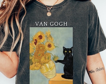 Retro Comfort Van Gogh Cat T-shirt, Floral Van Gogh Shirt, Black Cat Sweatshirt, Funny Cat Owner Gift, Aesthetic Sunflower Crewneck