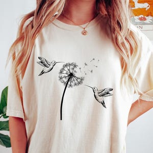 Retro Comfort Cute Dandelion Hummingbird T-Shirt, Cute Hummingbird Dandelion Shirt, Nature Lovers Tee, Cute Women Gift, Shirt For Woman