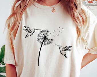 Camiseta retro cómoda con diseño de colibrí y diente de león, ideal para amantes de la naturaleza, regalo ideal para mujer.
