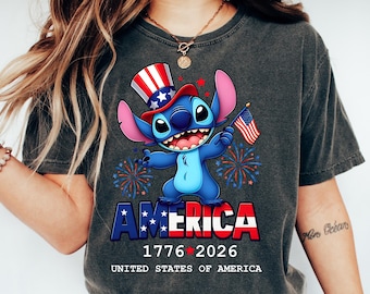 Stitch America 250 Anniversary T-shirt, WDW Disney Family America Fourth Of July Tee, Red White And Blue USA Top, Patriotic Disney Apparel
