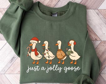 Sweater grappige gans, shirt Just A Jolly Goose, T-shirt kerstgans, Duck Christmas Tee, grappig kerstcadeau, leuke vakantie ronde hals