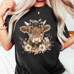 Highland Cow With Bow Flowers Tshirt, Cute Cow Tee, Preppy Southern Cow Sweathirt, Gift For Cow Lovers, Floral Cow Tee, Aesthetic Cow Shirt
