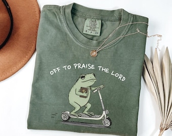 Camiseta cristiana Comfort Colors, camiseta teñida, divertida camiseta "Rana alabar al Señor", camiseta con humor para estudios bíblicos, sudadera con capucha "Jesús, fe en la iglesia"