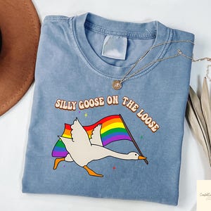 May include: A light blue t-shirt featuring a white goose flying with a rainbow flag that reads "Silly Goose on the Loose".