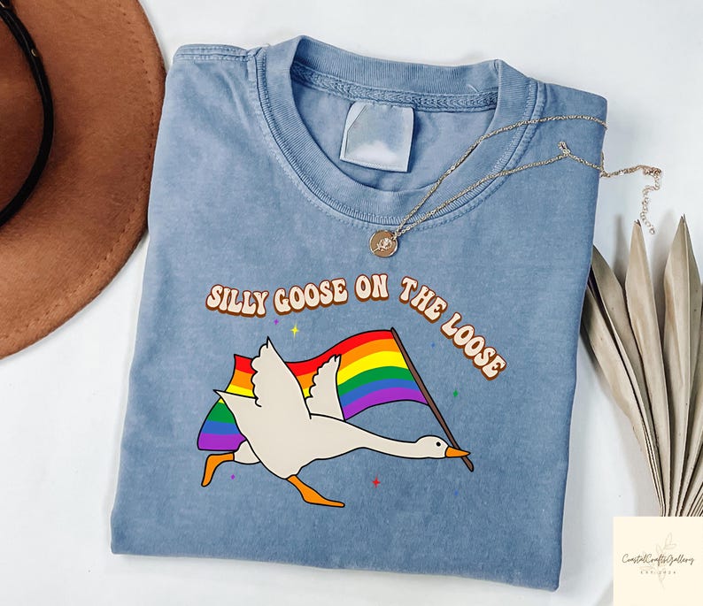 May include: A light blue t-shirt featuring a white goose flying with a rainbow flag that reads "Silly Goose on the Loose".