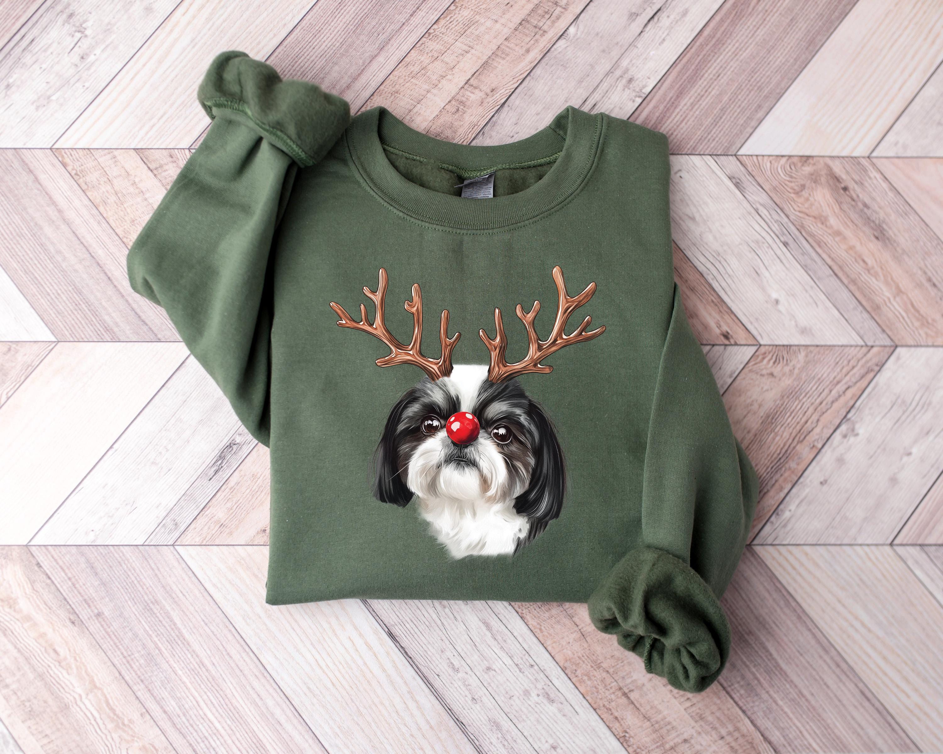 Sweatshirt Noël Shih Tzu - Motif Guirlandes Lumineuses Et Chien - Marques Gildan/Port/Jerzees - Taille Standard
