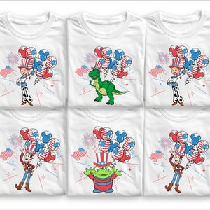 May include: White t-shirts featuring various Toy Story characters holding red, white, and blue balloons. Designs include Woody, Jessie, Rex, and an alien, with fireworks and American flags. A festive theme for patriotic celebrations.