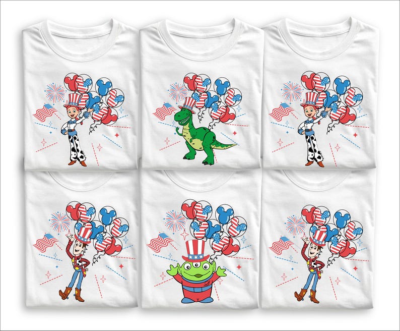 May include: White t-shirts featuring various Toy Story characters holding red, white, and blue balloons. Designs include Woody, Jessie, Rex, and an alien, with fireworks and American flags. A festive theme for patriotic celebrations.