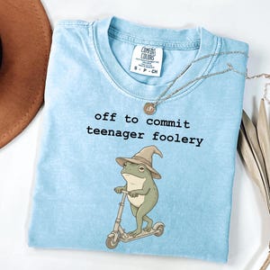 May include: A light blue short-sleeve t-shirt with a graphic of a green frog wearing a brown wizard hat and riding a scooter. The text "off to commit teenager foolery" is printed in black above the frog. The shirt has a Comfort Colors label.