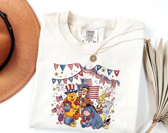 Chemise du 4 juillet Disney Winnie l'ourson, t-shirt de célébration du drapeau américain rétro, t-shirt de la fête de l'indépendance, vêtements de barbecue en famille pour les fêtes