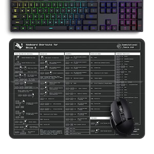 Könnte beinhalten: Eine schwarze Mausmatte mit weißem Text und Grafiken. Die Mausmatte zeigt Tastaturkürzel für die Rhino 8-Software. Der Text enthält "Keyboard Shortcuts for Rhino 8", "View Navigation Controls", "Selection", "Viewport", "Function Keys", "Keyboard Shortcuts", und "Toolbars".