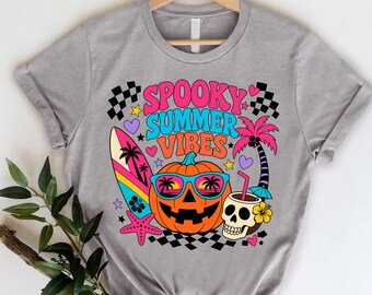 T-shirt ambiance estivale effrayante, T-shirt plage citrouille, T-shirt Halloween en été