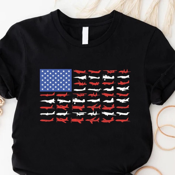 Camiseta con la bandera estadounidense y aviones: Regalo patriótico de aviación