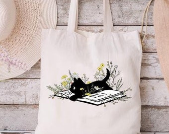 Floral Cat Book Tote Bag: Book Lover Gift
