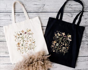 Wildflower Tote, Botanical Floral Shoulder Bag, Reusable Shopping Bag