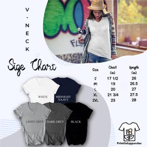 May include: A white V-neck t-shirt is displayed with a size chart showing chest and length measurements in inches. The chart includes sizes S, M, L, XL, and 2XL. Additional t-shirt colors are shown: light grey, dark grey, midnight navy, and black.