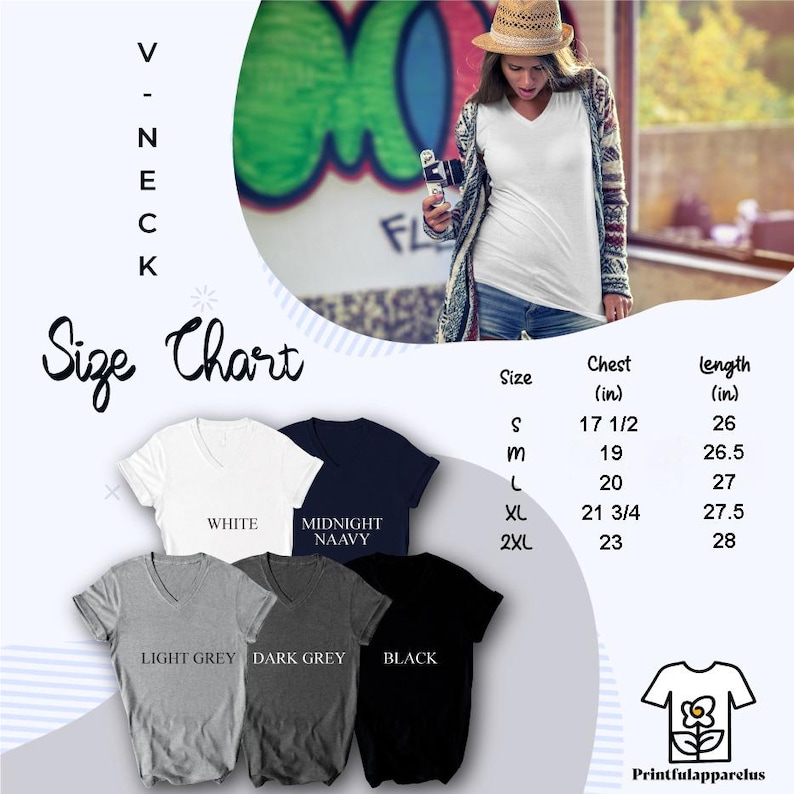 May include: A white V-neck t-shirt is displayed with a size chart showing chest and length measurements in inches. The chart includes sizes S, M, L, XL, and 2XL. Additional t-shirt colors are shown: light grey, dark grey, midnight navy, and black.