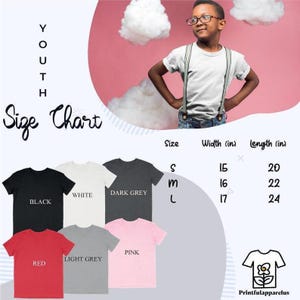 Peut inclure: Tableau des tailles de t-shirts pour enfants avec mesures en pouces. Couleurs disponibles : noir, blanc, gris fonc&eacute;, rouge, gris clair et rose. Le tableau indique les tailles S, M et L avec des largeurs de 38, 41 et 43 cm, et des longueurs de 51, 56 et 61 cm.