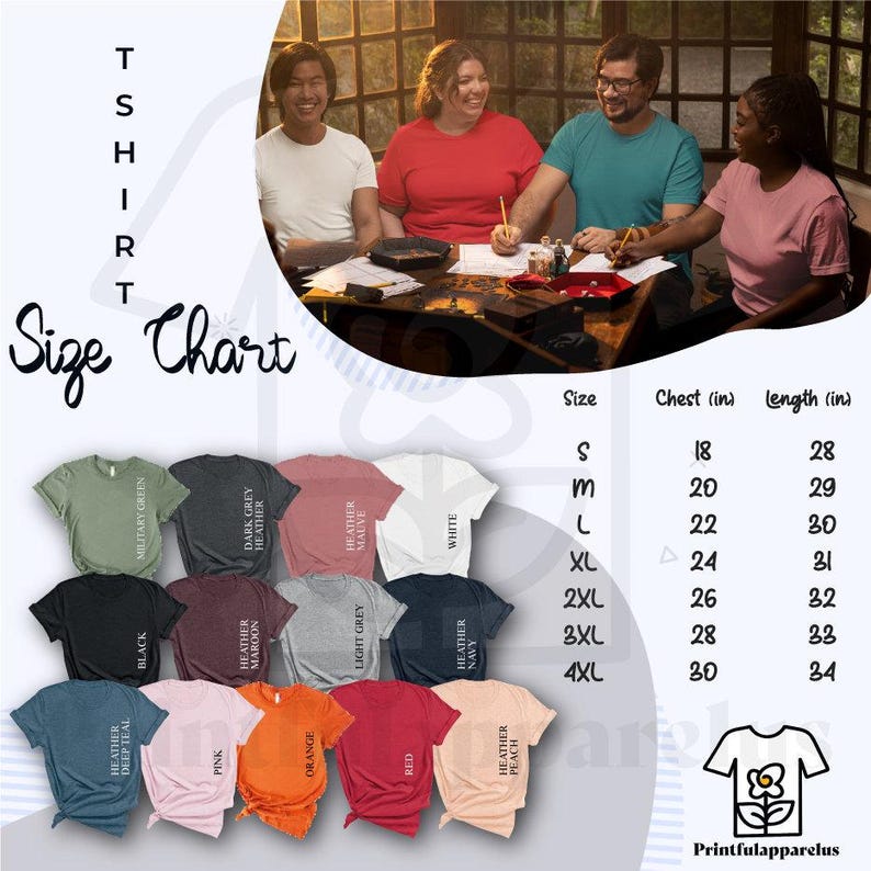 Peut inclure: Un tableau des tailles de t-shirts avec diff&eacute;rentes couleurs de chemises, dont le noir, le blanc et le gris chin&eacute;. Le tableau affiche les mesures de la poitrine et de la longueur en pouces, de la taille S &agrave; 4XL. L'image montre &eacute;galement un groupe de personnes.