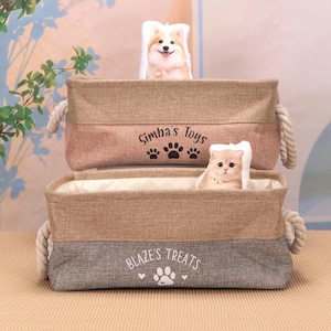 ペットのためのパーソナライズされた最初のバレンタインデーギフト、刺繍された子犬の名前のおもちゃのバスケット、ボックスペットのおもちゃのバスケット、大型犬のおもちゃのバスケット