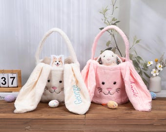Cestino di Pasqua personalizzato con coniglietto, cestino di Pasqua in peluche ricamato per bambini, cestino per la caccia alle uova di Pasqua, regalo di Pasqua per bambini