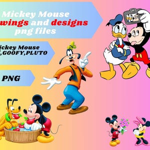 May include: A collection of 70 cartoon character PNG files featuring Mickey Mouse, Minnie Mouse, Goofy, and Pluto. The images are colorful and feature various poses and expressions.