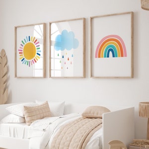 Arte de pared con nubes y sol arcoíris, juego de 3 pósteres, decoración para sala de juegos, impresiones de arcoíris, decoración infantil, descarga digital instantánea