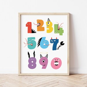 Impresión de arte mural de números de monstruos, decoración de guardería, sala de juegos, habitación infantil, póster de monstruos para niños, descarga instantánea