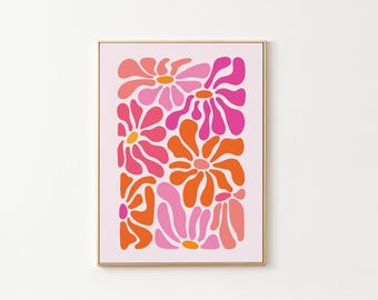 Arte mural floral rosa y naranja, estampado floral retro llamativo, arte mural botánico vibrante y colorido, arte mural rosa brillante, descarga digital instantánea