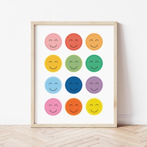 Arte de pared con caras sonrientes, arte con colores del arcoíris, cara sonriente, sarcástico y divertido, arte de pared infantil, habitación infantil, decoración de pared para sala de juegos, descarga instantánea