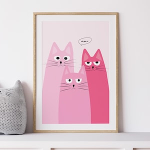 Póster de gato lindo, arte de pared de gato, arte de pared rosa, póster imprimible, foto familiar de gatos rosas, decoración de habitación, impresión preppy, descarga instantánea