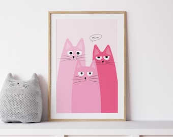 Póster de gato adorable, arte de pared de gatos, arte de pared rosa, póster imprimible, foto familiar de gatos rosas, decoración de habitación, impresión estilo preppy, descarga instantánea