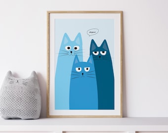 Cute Cat Poster, Cat Wall Art, Blue Wall Art, Printable Poster, Blue Cats Family Photo, Kid Bedroom Print, Nursery Decor, Instant Download
