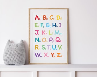 Póster con el alfabeto arcoíris, impresión educativa, regreso a clases, decoración de sala de juegos, decoración de habitación infantil, arte mural para guardería, descarga instantánea