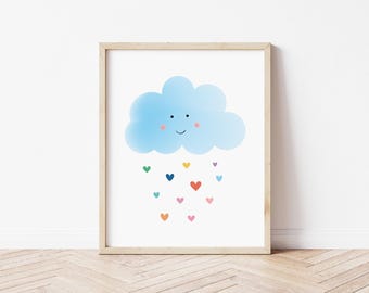Cloud Heart Kid Wall Art, Rainbow Nursery Posters, Rainbow Hearts, Kids Room Decor, Cute Playroom Decor, Instant Digital Download