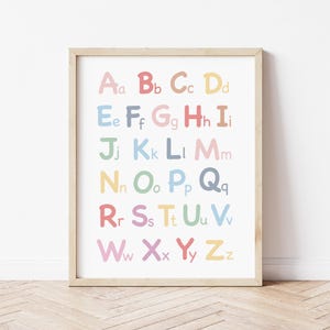 Póster con el alfabeto arcoíris, impresión educativa, póster para niños pequeños, decoración de sala de juegos, decoración de habitación infantil, arte mural para guardería, descarga instantánea