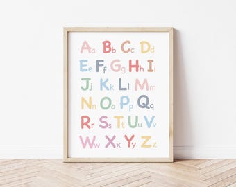 Póster con el alfabeto arcoíris, impresión educativa, póster para niños pequeños, decoración de sala de juegos, decoración de habitación infantil, arte mural para guardería, descarga instantánea