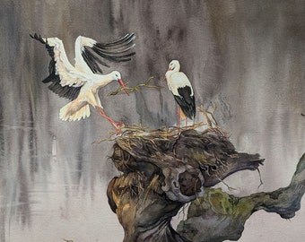 コウノトリの水彩画：オリジナルの鳥のアート、8x6インチ - Etsy 日本