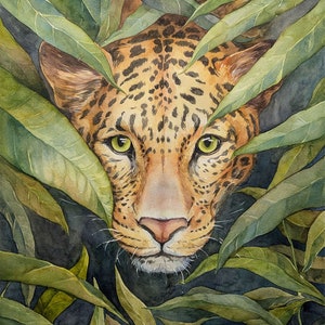 Leopardo nella giungla - Pittura ad acquerello originale, Ritratto di leopardo, Arte della fauna selvatica
