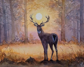 鹿のオリジナル絵画、森の鹿の水彩画、鹿の壁アート、森の野生動物の