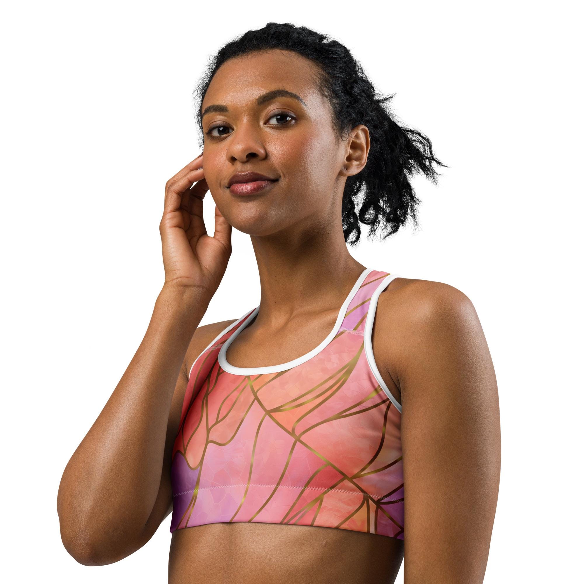 Eras Sports Bra – Abstract Print Athletic Bra for Women, High Support Gym Top, Colorful Workout Activewear, Subtle Swift Merch Workout Top