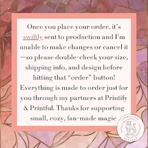 May include: A pink and gold graphic with text that reads: "Once you place your order, it's swiftly sent to production..." and a logo of a cat inside a circle.