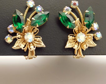 Vintage Green Rhinestone Brooch, Earrings Set, Floral and Star