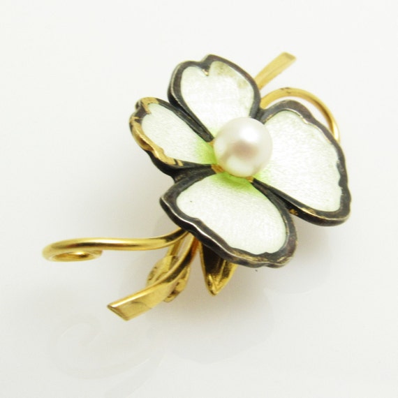 Sterling Pearl Flower Brooch White Enamel Gold Fi… - image 3