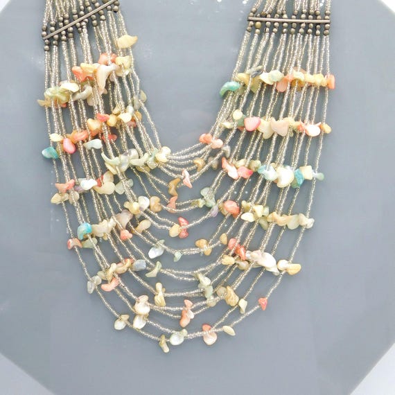 Vintage Shell Bib Necklace, Pastel Summer Jewelry - image 1